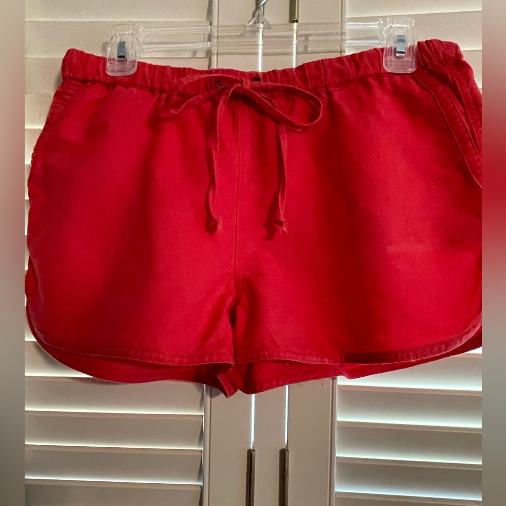 J. Crew bright orangy red short shorts. Elastic waist. Pockets!! Size S.